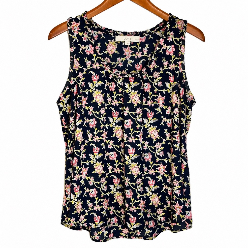 LOFT Petites Navy Blue Floral Sleeveless Blouse Pleated Neck Top LP 545286